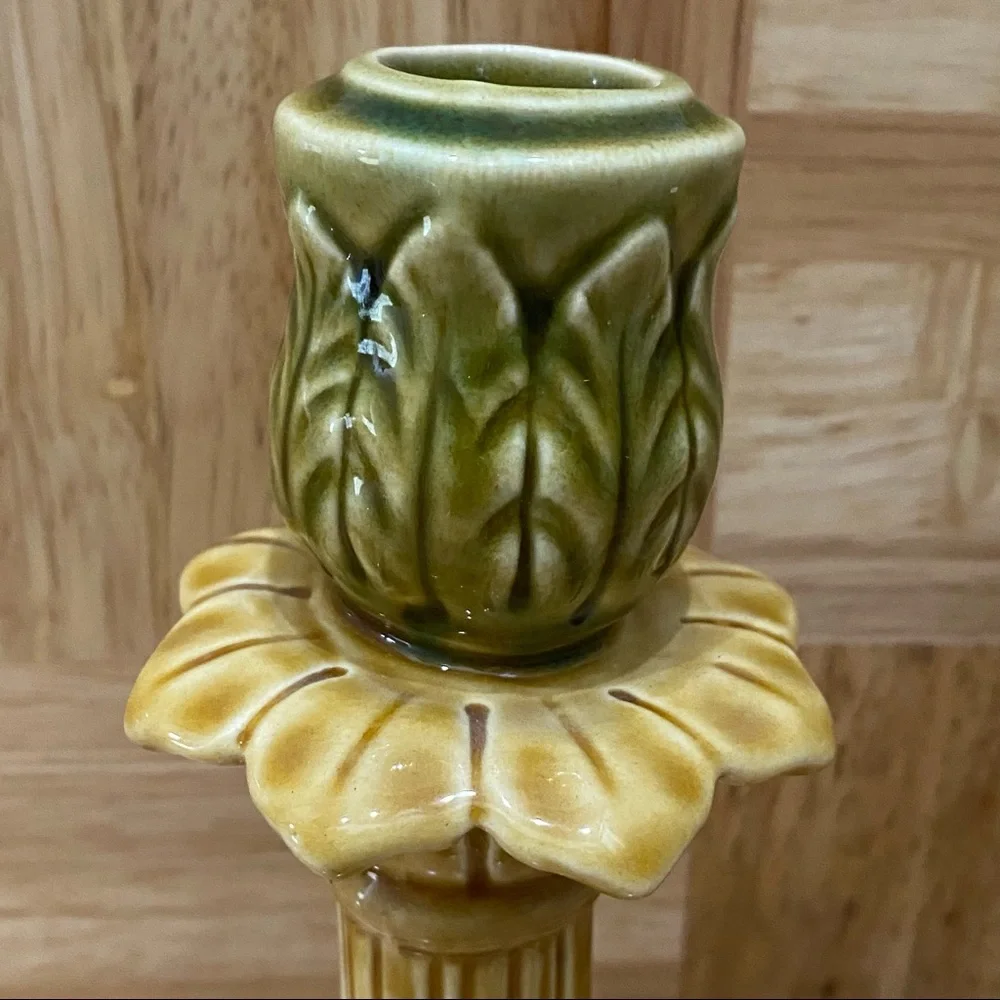 Pair of Sur La Table Portugal Ceramic Glazed Leaf Flower Candle Stick Holder